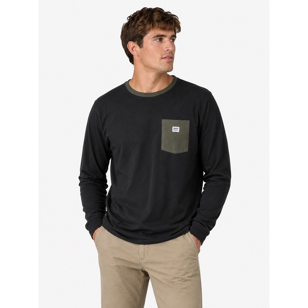 Patagonia Mens Long-Sleeved Shop Sticker Pocket Responsibili-Tee Black Medium **